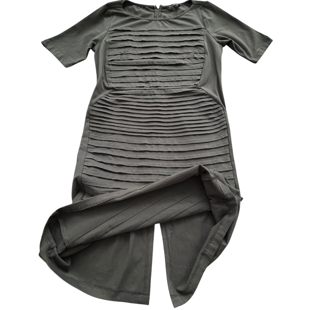 eShakti Ruched Sheath Midi Jersey Dress M Minimalist Modest Gray Armadillo Armor